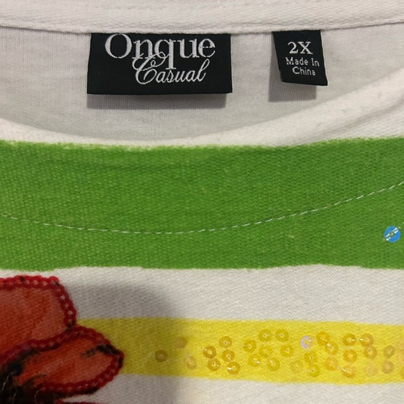 Onque Casual White Floral Stripe Fringe Tunic - size 2XL - Picture 3 of 5